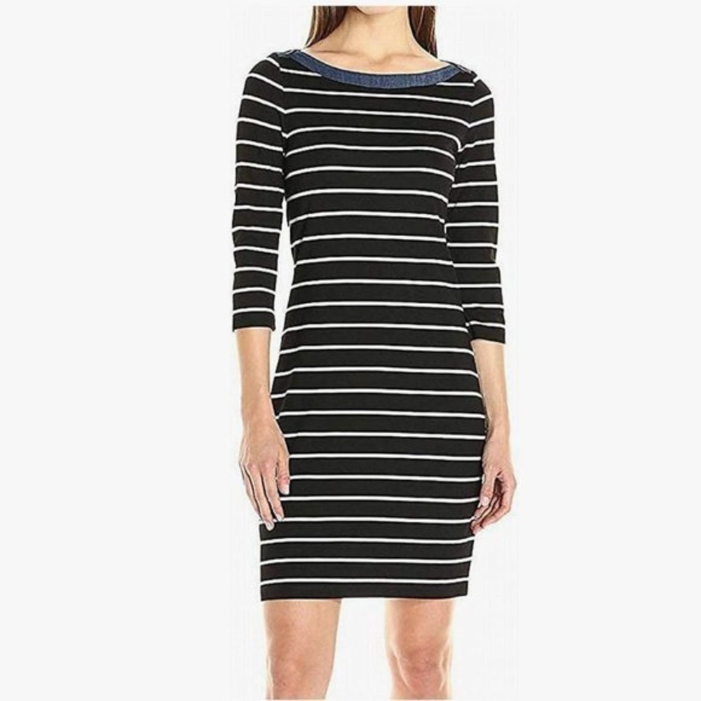 Tommy Hilfiger Size 4 Black White Stripe Rayon Blend Knit Boardwalk Sheath Dress
